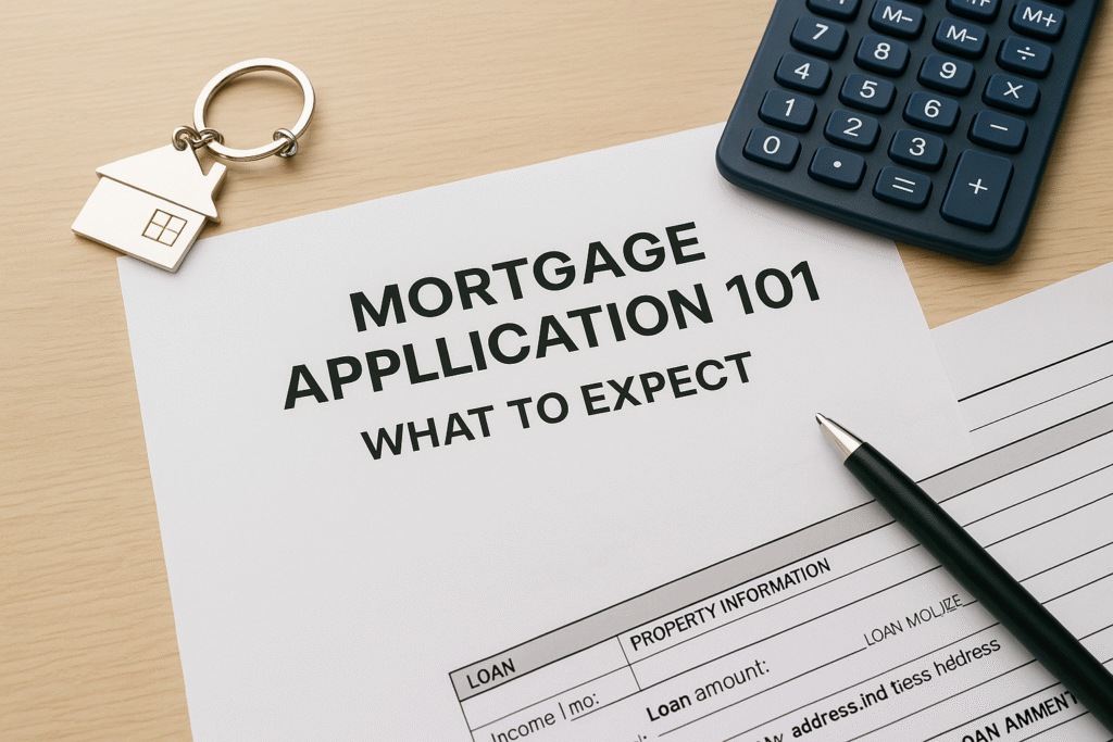 mortgage application form with house key, calculator, and pen on desk